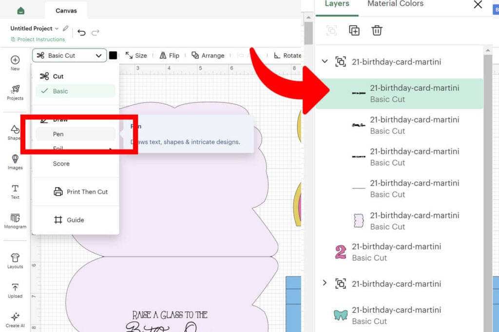 Change the writing layers to the pen operation in Cricut Design Space