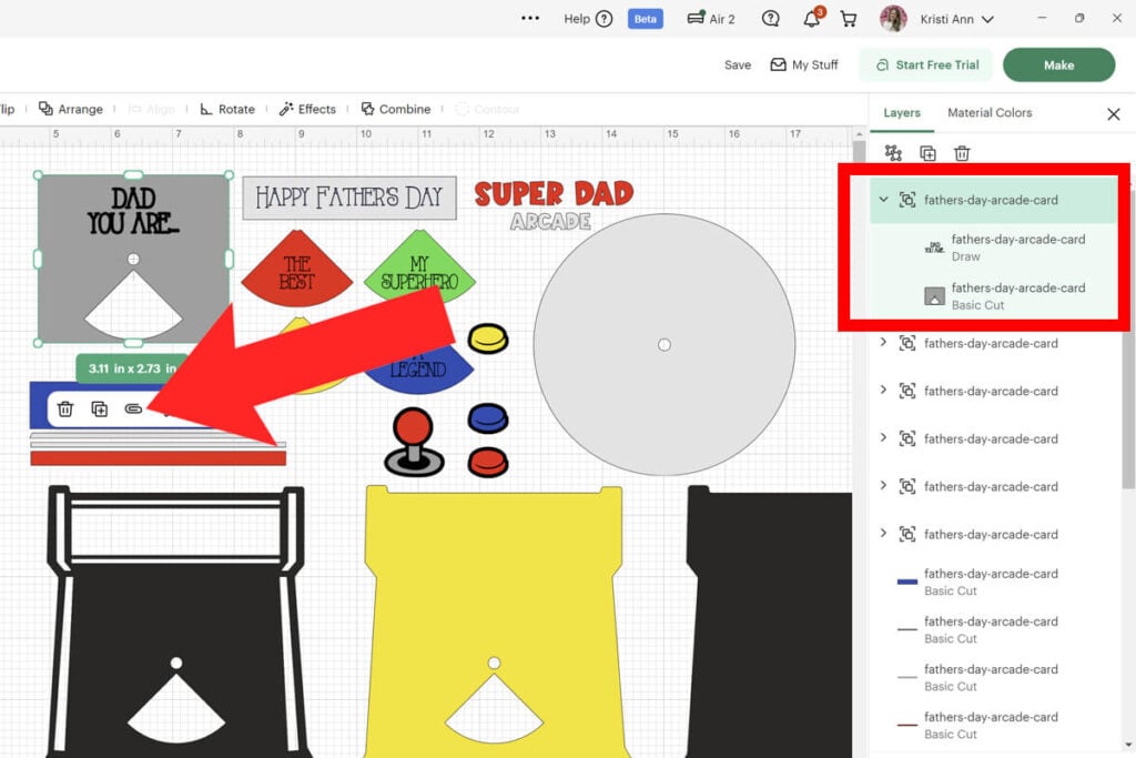 Attach pen layer to card layer in cricut design space