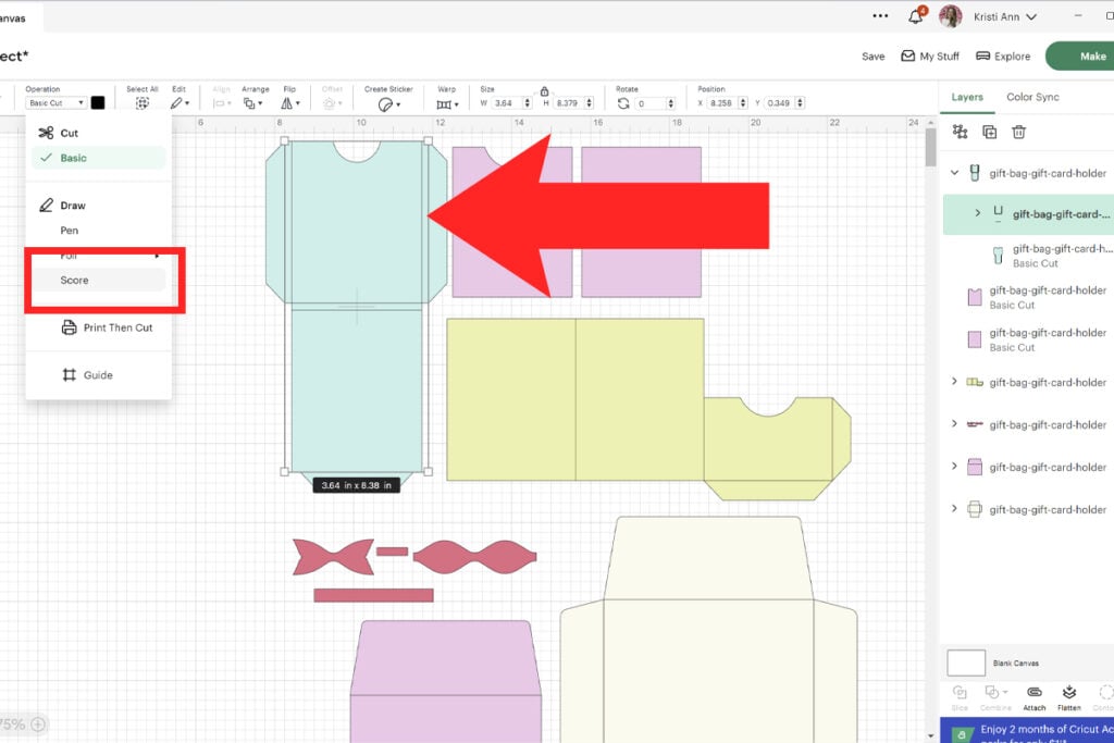 Change operation of lines to score in Cricut Design Space.