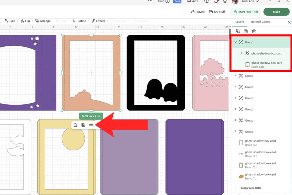 Attach Score Lines to card layer in Cricut Design Space.