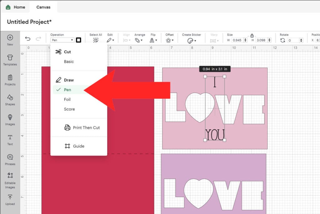 Change the operation to pen to write on your Valentine Shaker card.