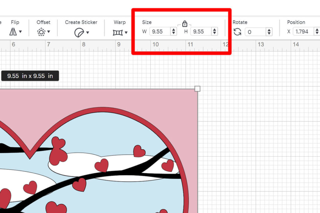 Resize Valentine's Day Shadow Box SVG as needed in Cricut Design Space